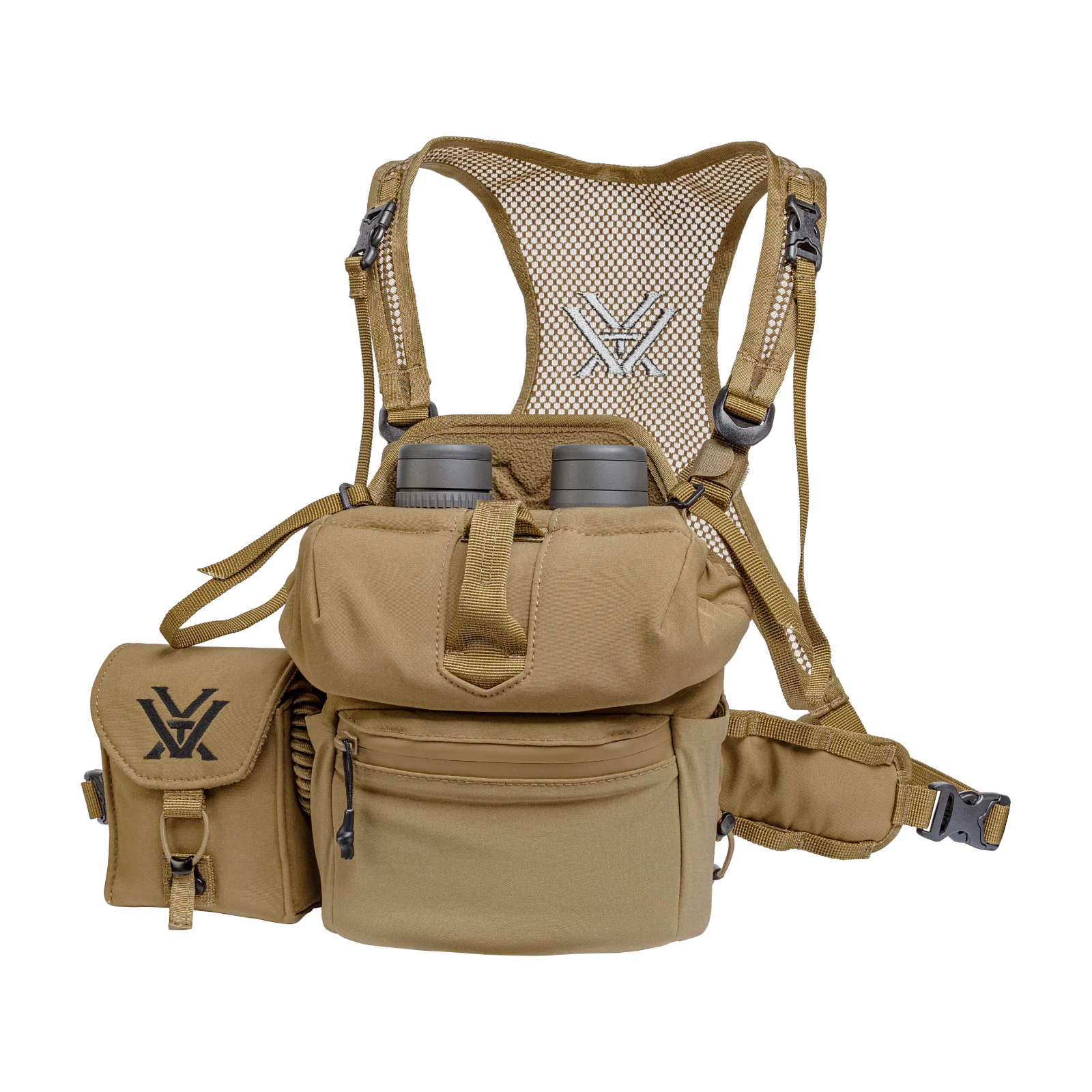 A tan tactical  binocular carrier harness with multiple compartments, mesh back panel, and binoculars inserted at the top, shown on a plain white background.
