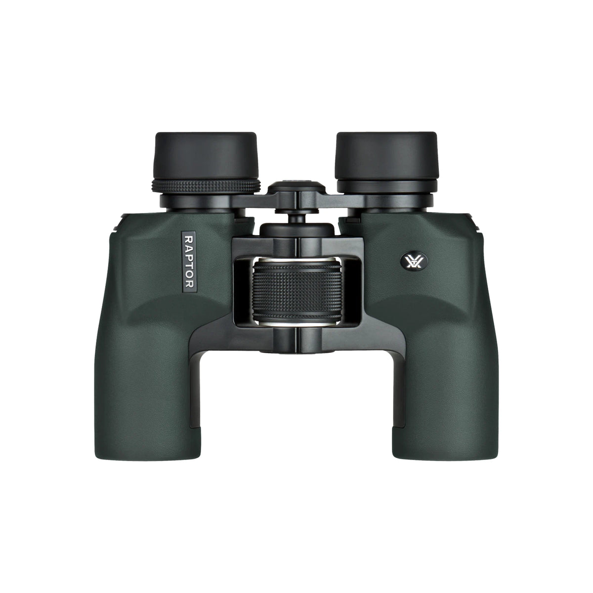 A pair of Vortex Raptor binoculars in matte dark green with black eyecups and central hinge, shown against a solid white background.
