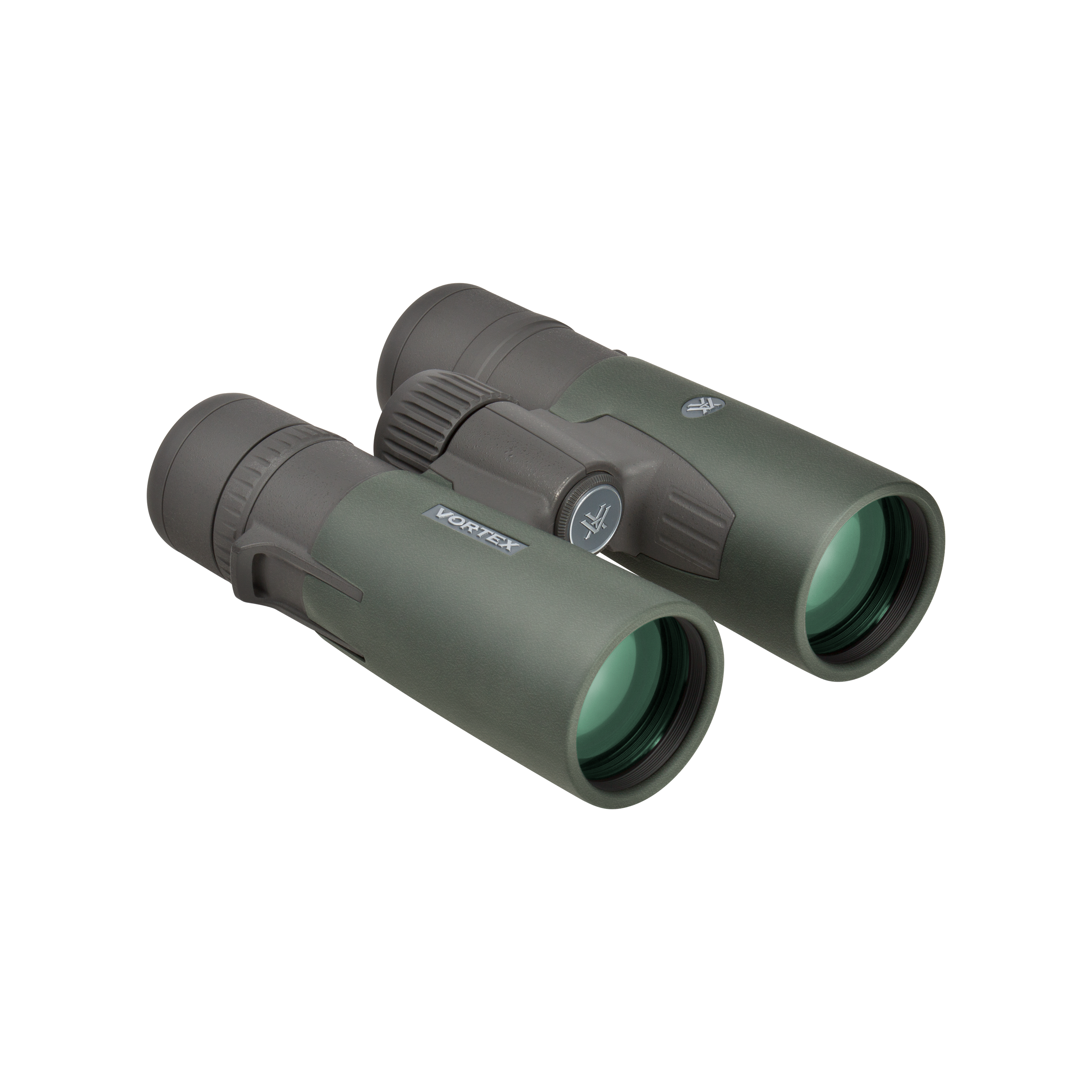 A pair of Vortex binoculars in olive green with black accents, shown at an angle on a plain white background.