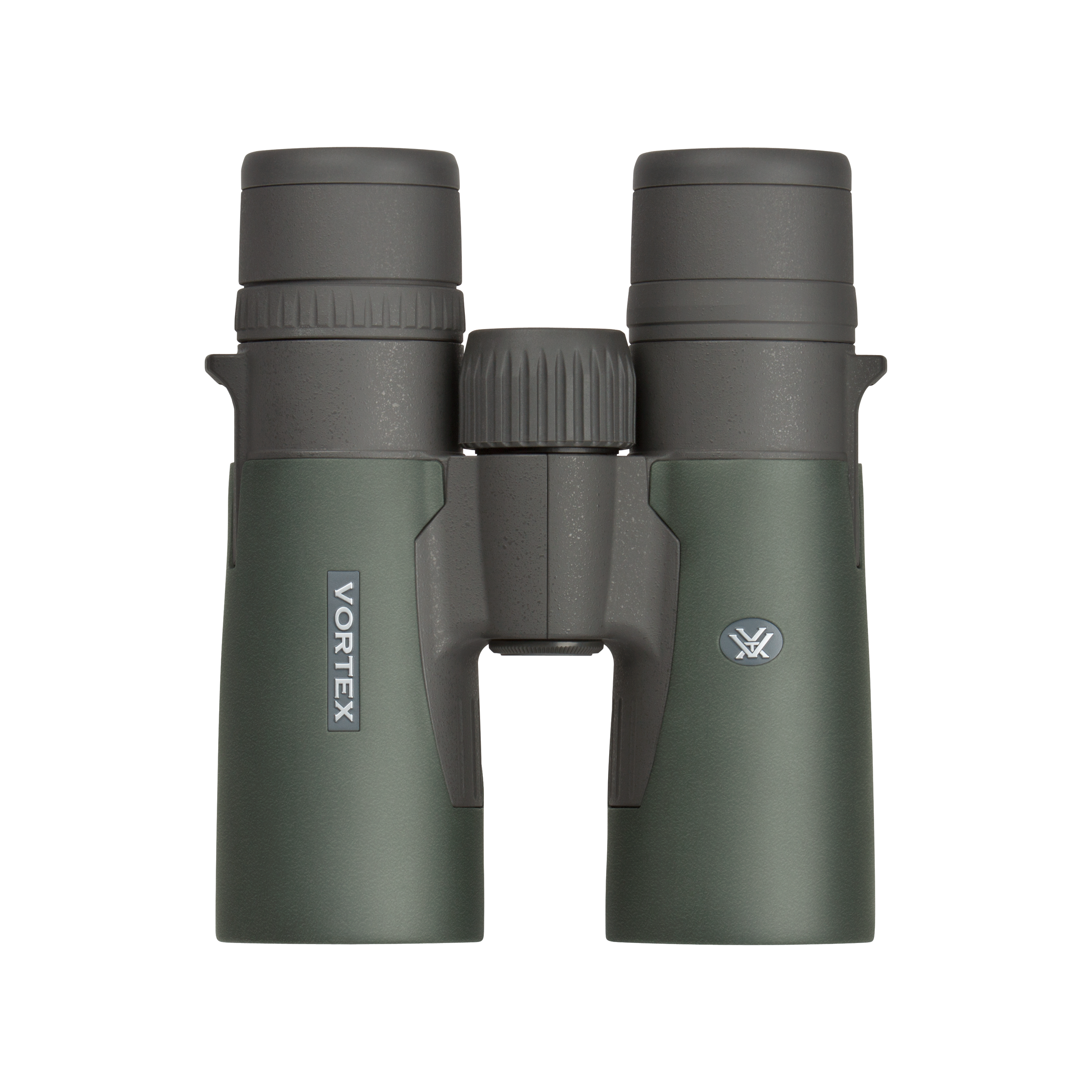 Vortex binoculars in matte dark green and dark gray, shown from a front-facing perspective on a solid white background.