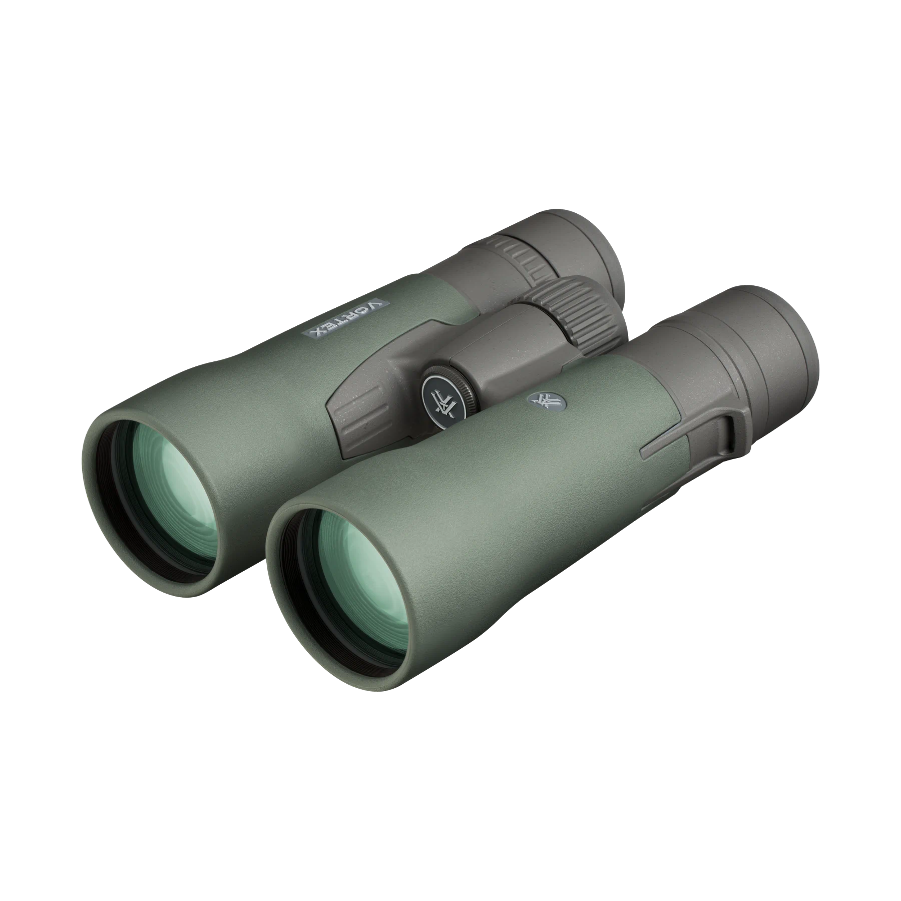 A pair of Vortex binoculars in matte olive green and dark gray, shown at a three-quarter angle on a solid white background.