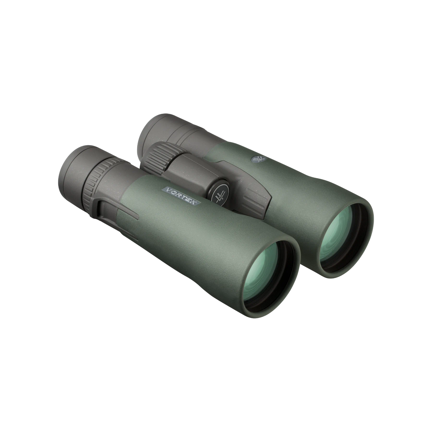 A pair of Vortex binoculars in matte dark green, shown at an angle on a solid white background.