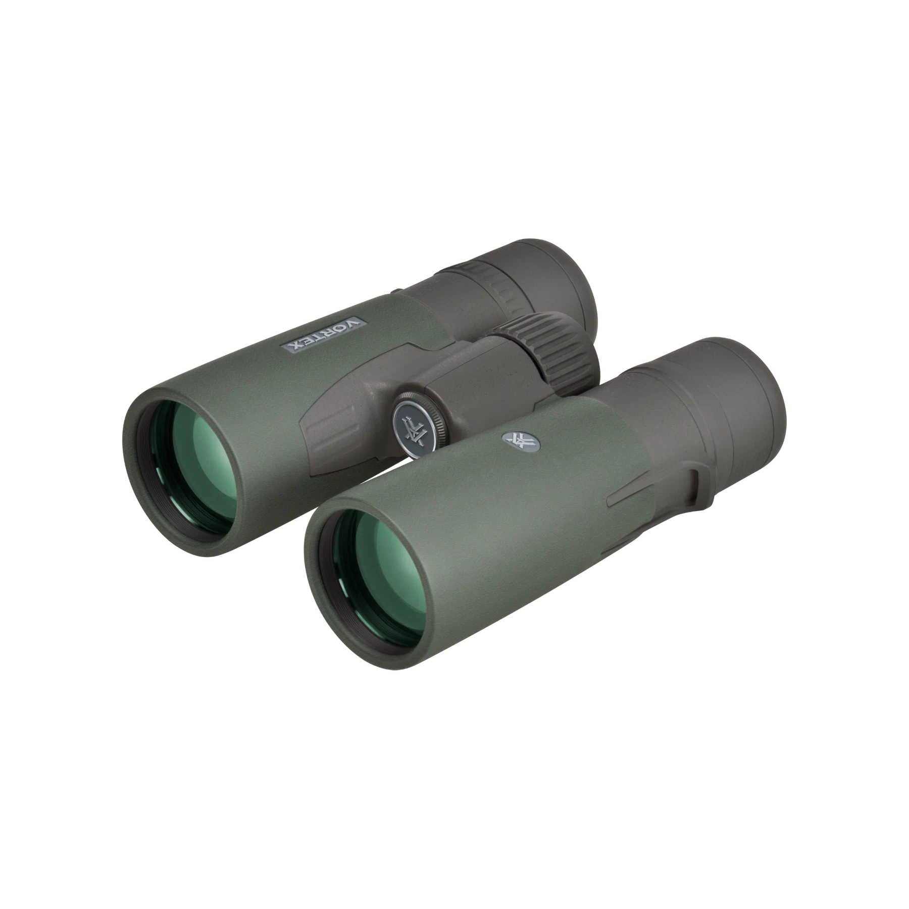 A pair of Vortex binoculars in olive green and dark gray, shown from a three-quarters perspective on a solid white background.