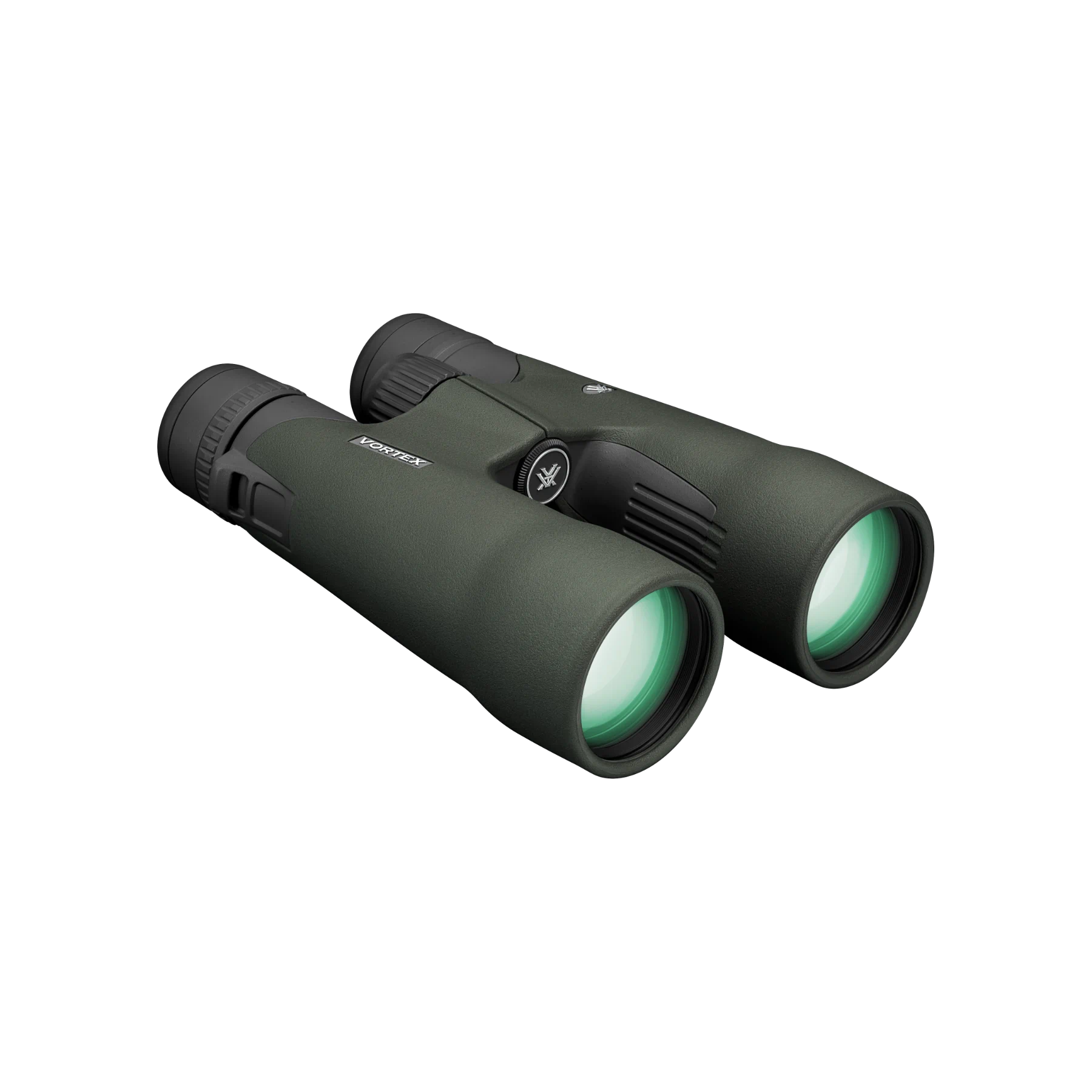 A pair of Vortex binoculars with green-tinted lenses, shown at an angle on a plain white background.
