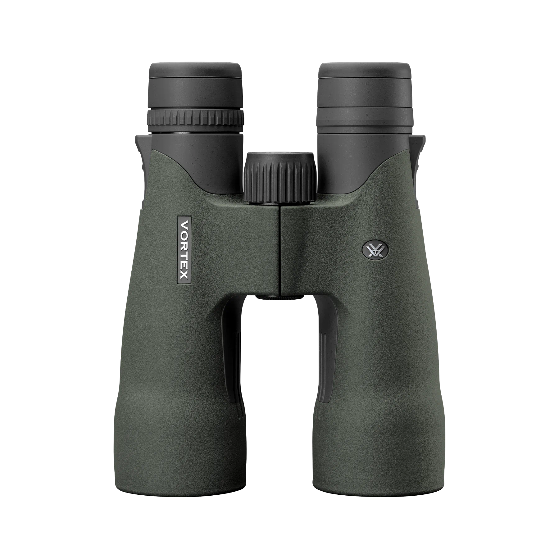 Vortex Vortex Optics Vortex-TEK binoculars in dark olive green with black eyecups and center release screw, shown on a solid white background.