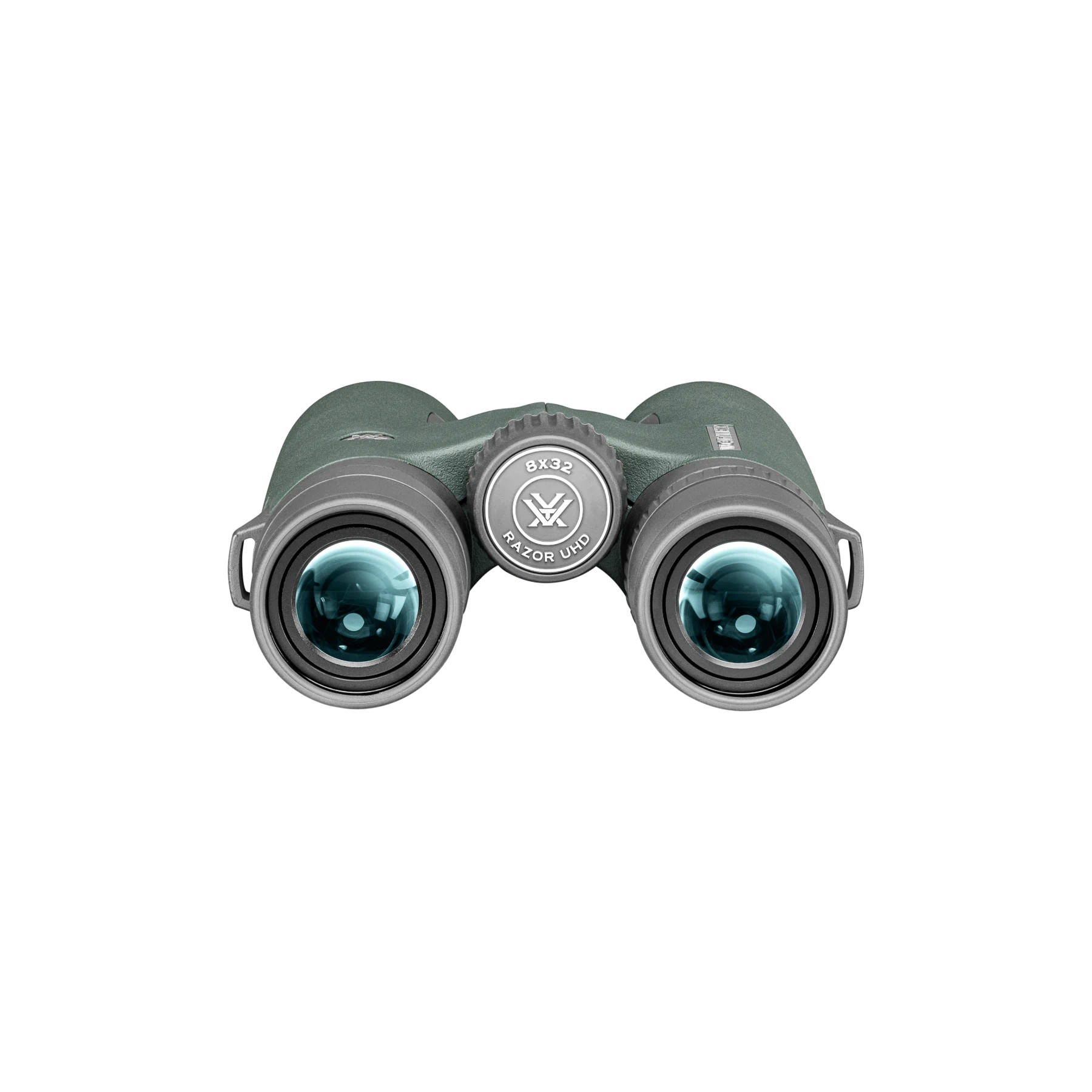 A pair of Vortex binoculars in a dark forest green color, featuring a central silver circular badge, shown against a plain white background.