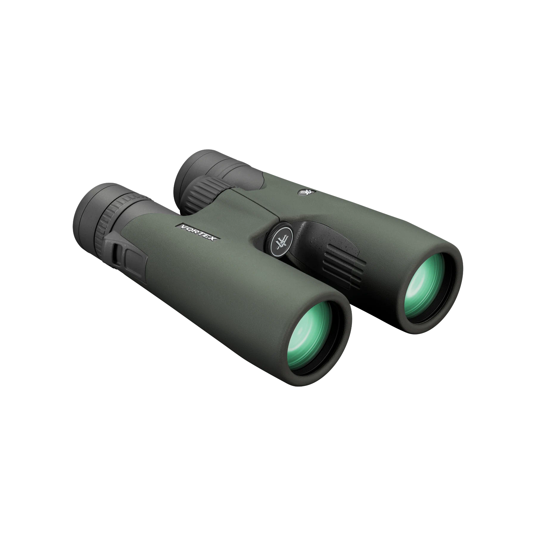 A pair of Vortex binoculars in matte dark green with black accents, shown at a three-quarter angle on a solid white background.