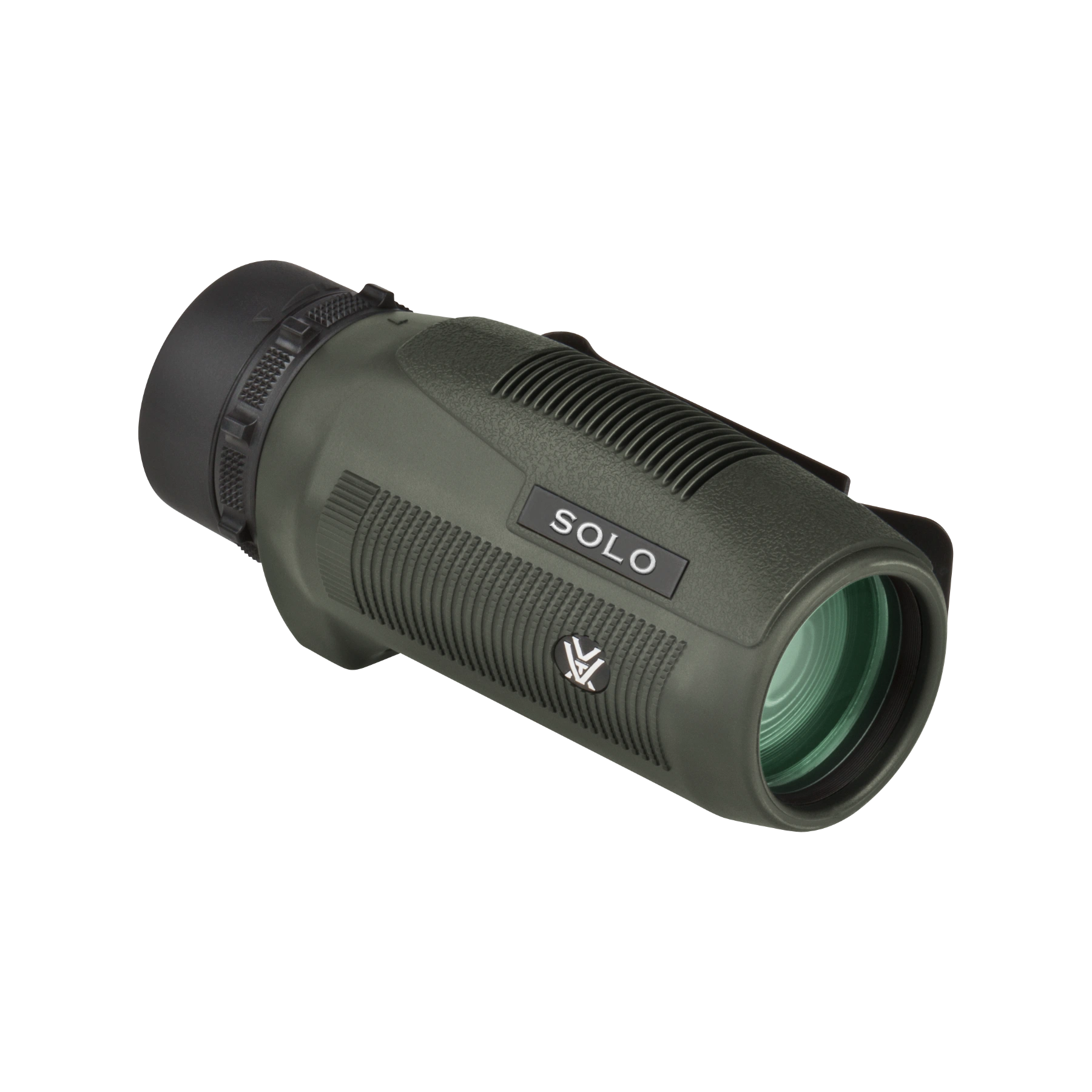 A Vortex monocular with a textured green body and black eyepiece, shown on a plain white background. The model 'SOLO' are visible on the side.