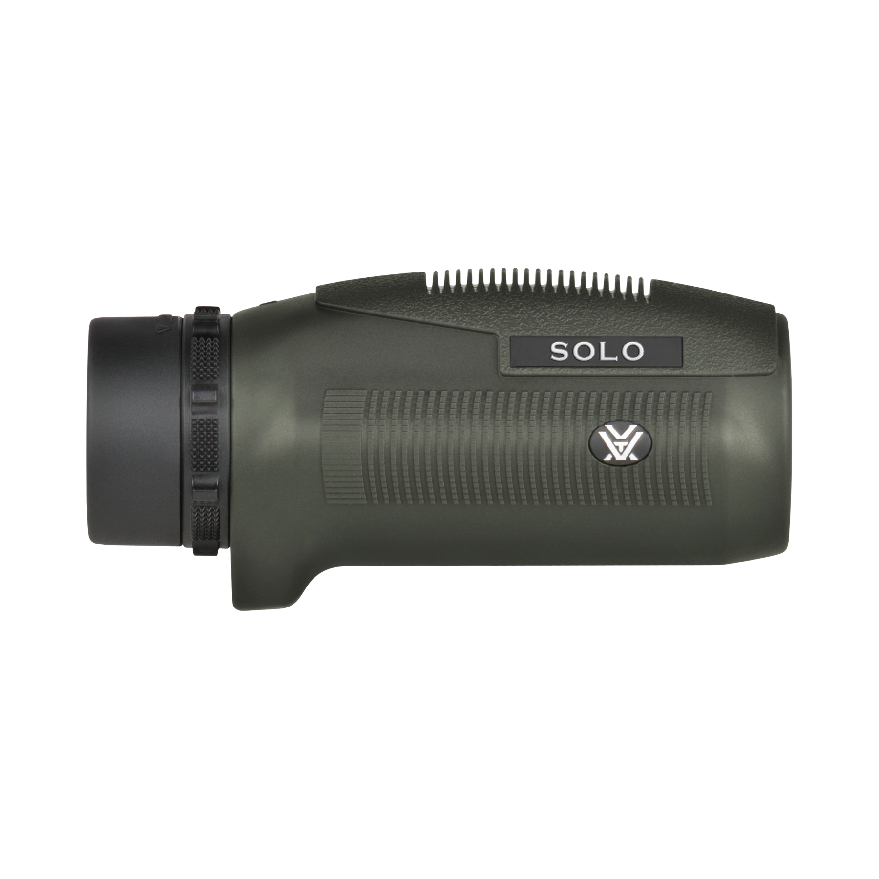 A Vortex Solo monocular in matte green with black accents, shown from a side profile on a solid white background.