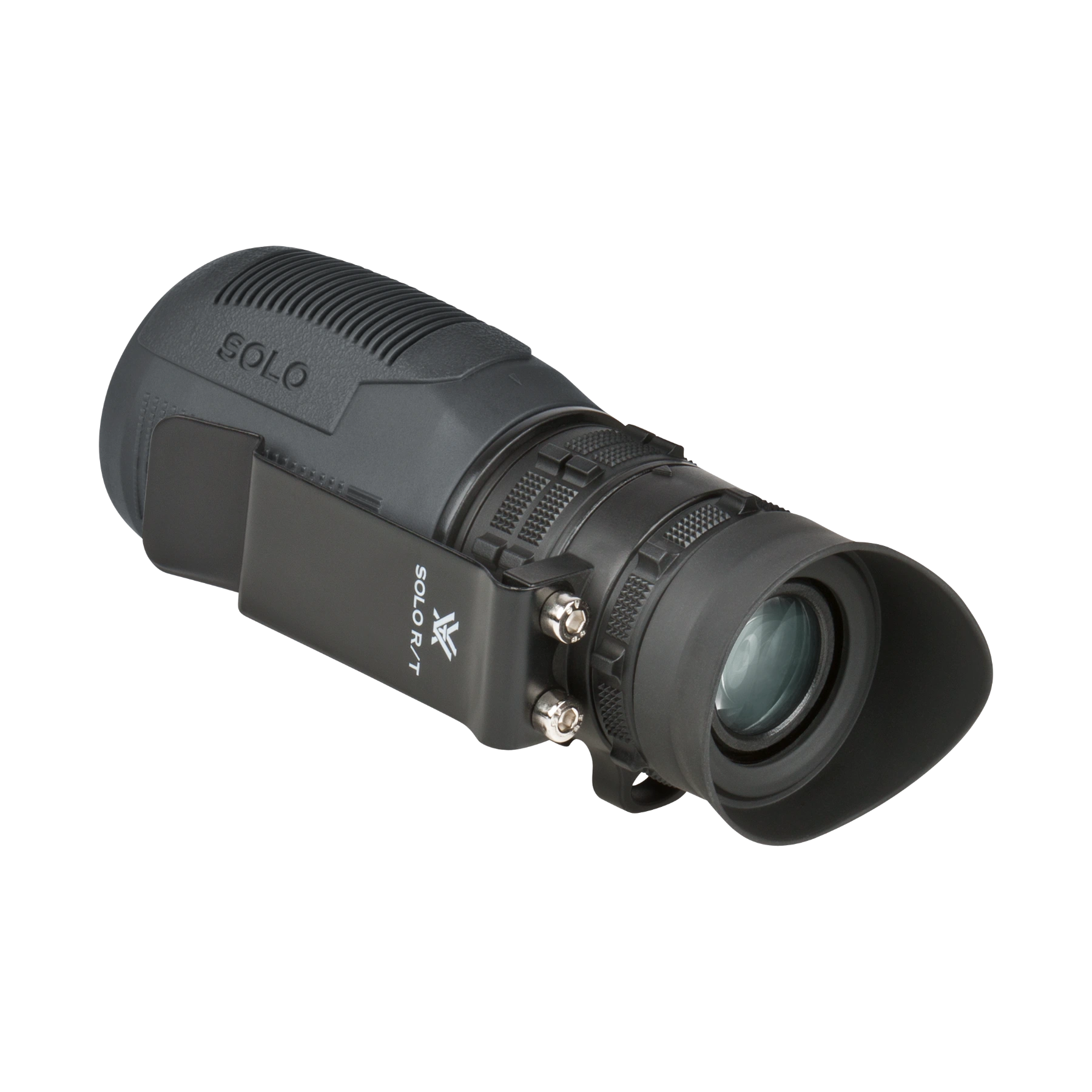 A black Vortex monocular with a rear lens hood, shown at an angle on a solid white background.