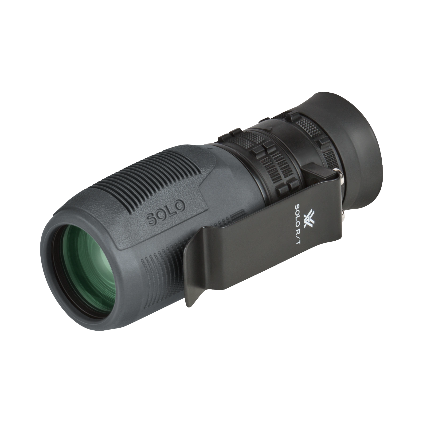 A grey Vortex monocular with a matching black protective hood, shown at an angle on a solid white background.