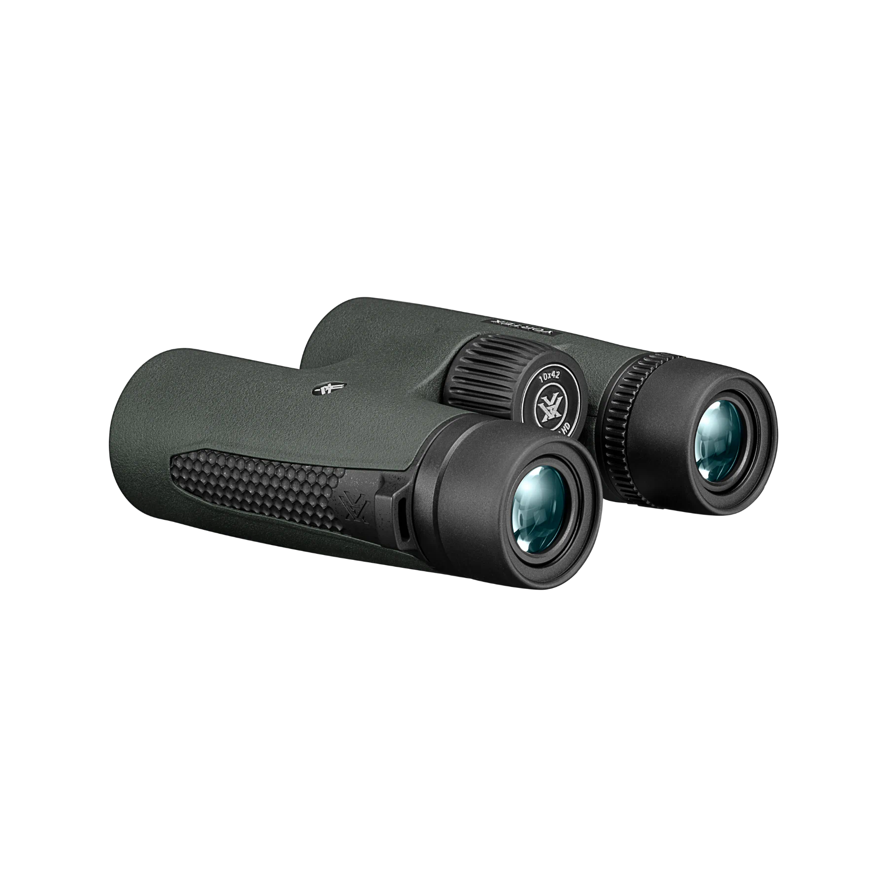A pair of Vortex binoculars with textured rubberized grips and clear objective and eyepiece lenses, shown on a plain white background.
