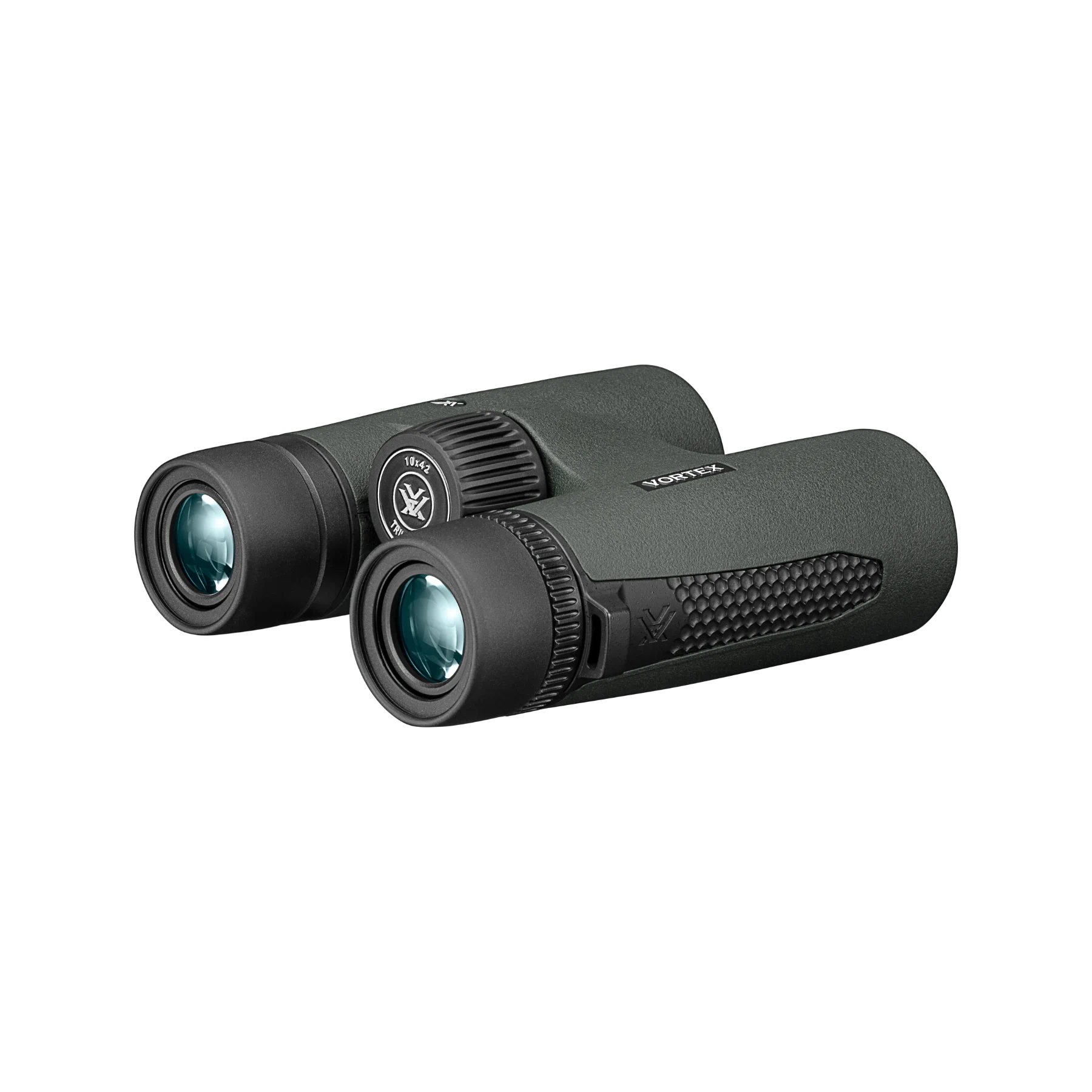 A pair of green Vortex binoculars with textured grip patterns and clear lenses, shown on a plain white background.