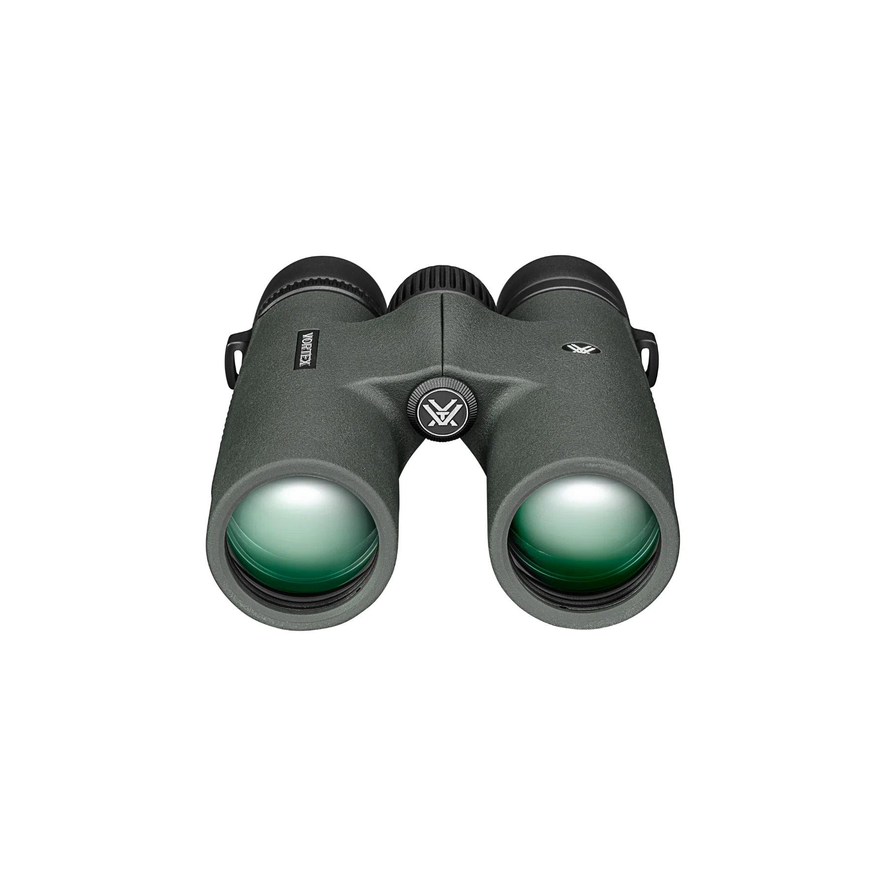 A pair of Vortex binoculars in matte dark green a central logo badge, shown against a plain white background.