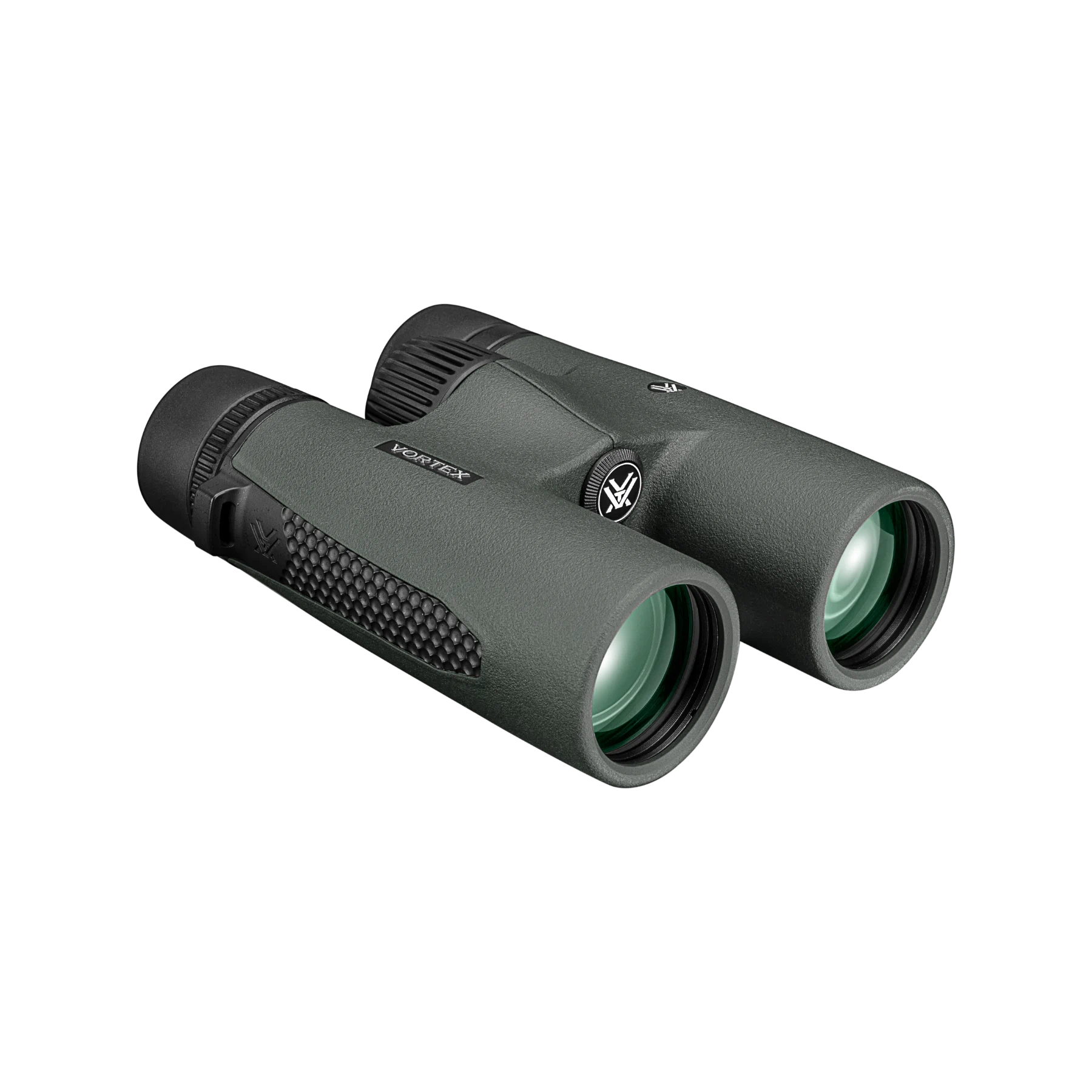 A pair of Vortex binoculars in matte dark green, shown at a three-quarter angle on a solid white background.