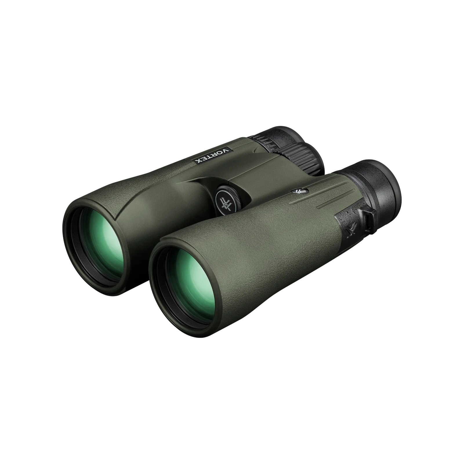 Vortex binoculars in olive green with black eyecups and central focus wheel, shown at an angle against a plain white background.