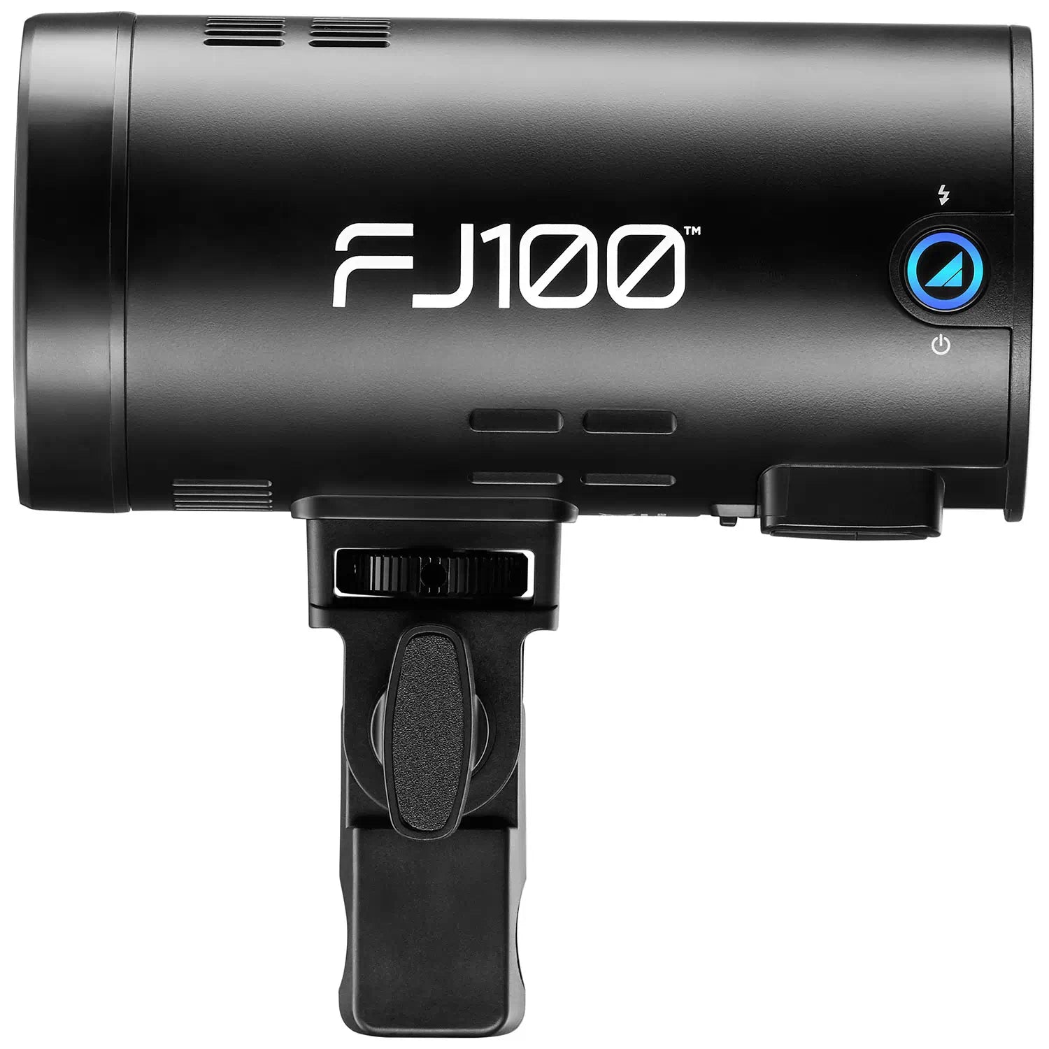 A black FJ100 handheld light modifier or reflector with a mounting clamp, featuring a blue illuminated power button on the side.