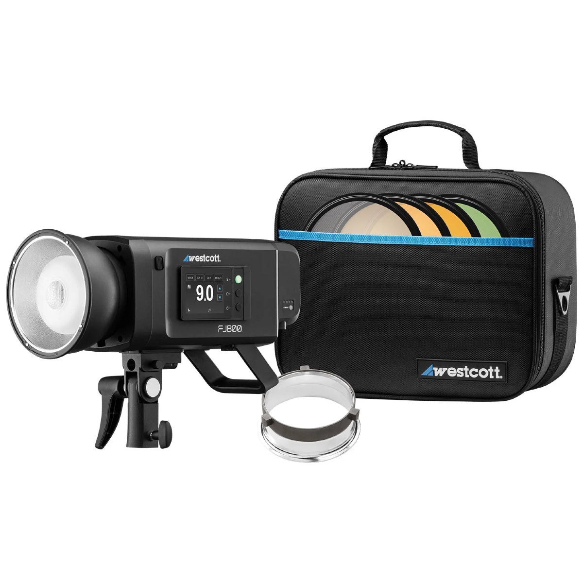 Westcott FJ800 Touchscreen Strobe with FJ Pro AC/DC Battery side angle with case