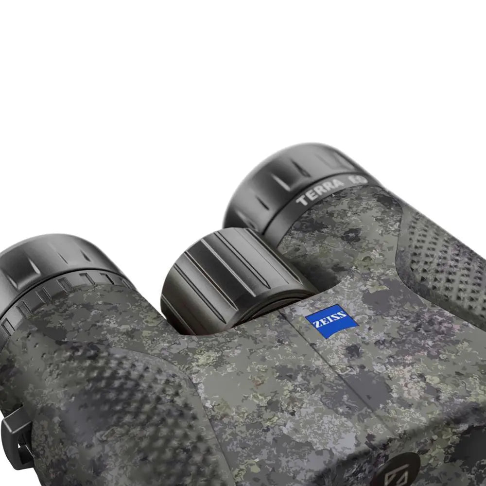 Binoculars with camouflage pattern and brand logo on a white background