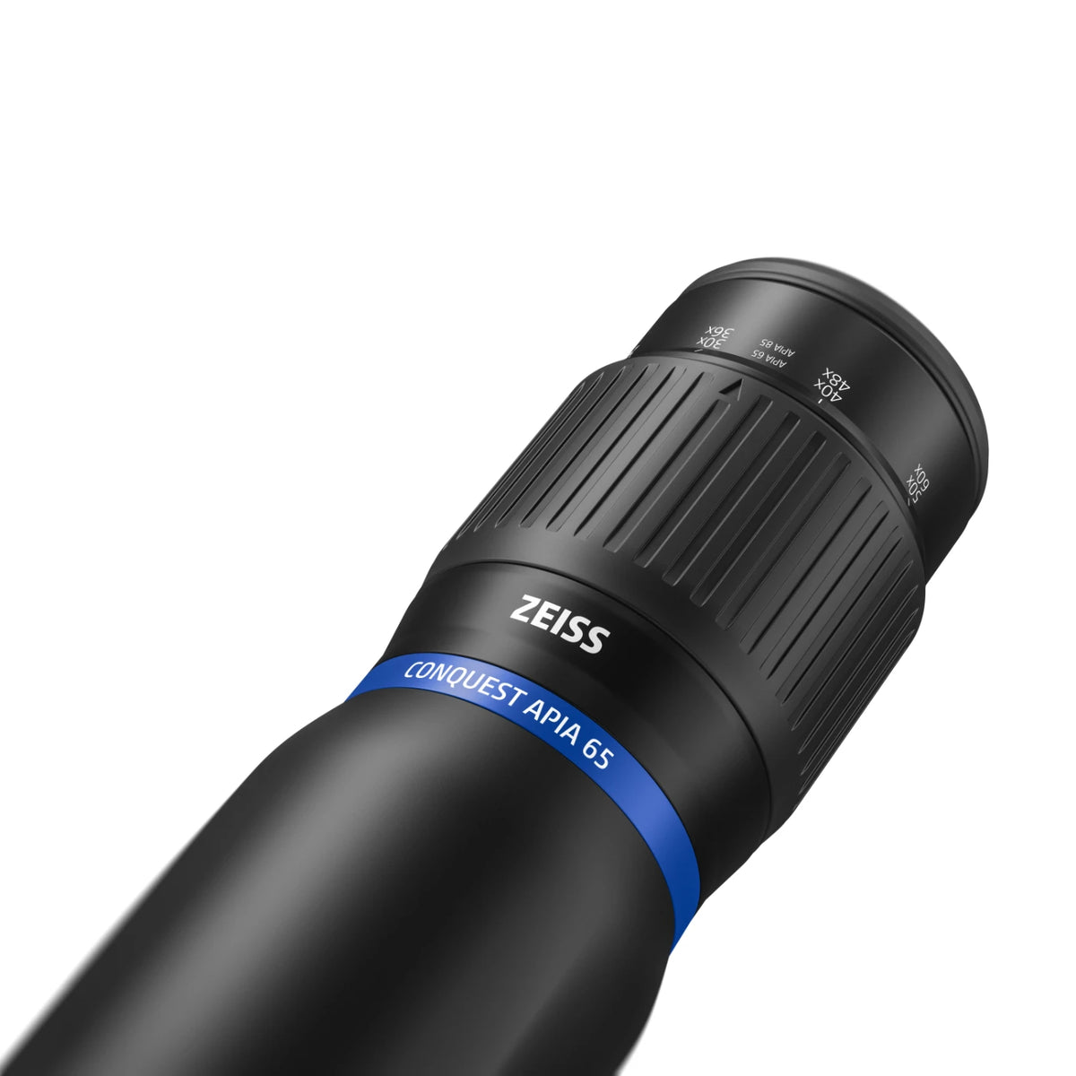 Close-up of a Zeiss Conquest APIA eyepiece, showing the black textured focusing ring with white branding and a blue accent band on a clean white background.
