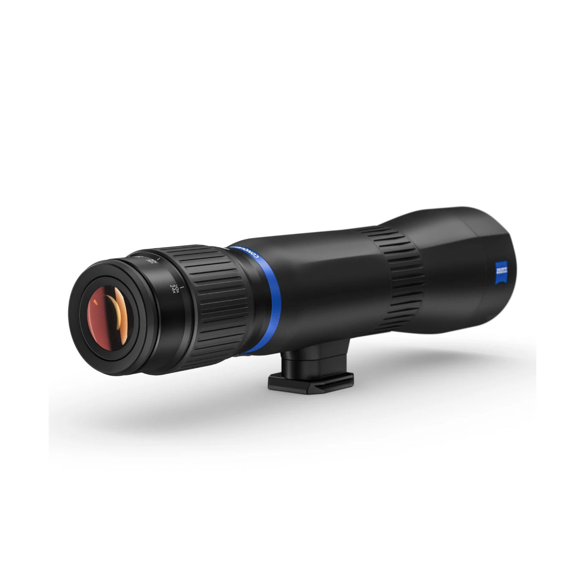 A Zeiss spotting scope with a black body, blue accent ring, and red lens coating, shown on a white background with a soft shadow.