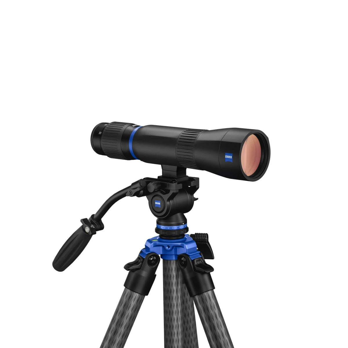 A Zeiss spotting scope mounted on a blue and black tripod, shown against a solid white background.