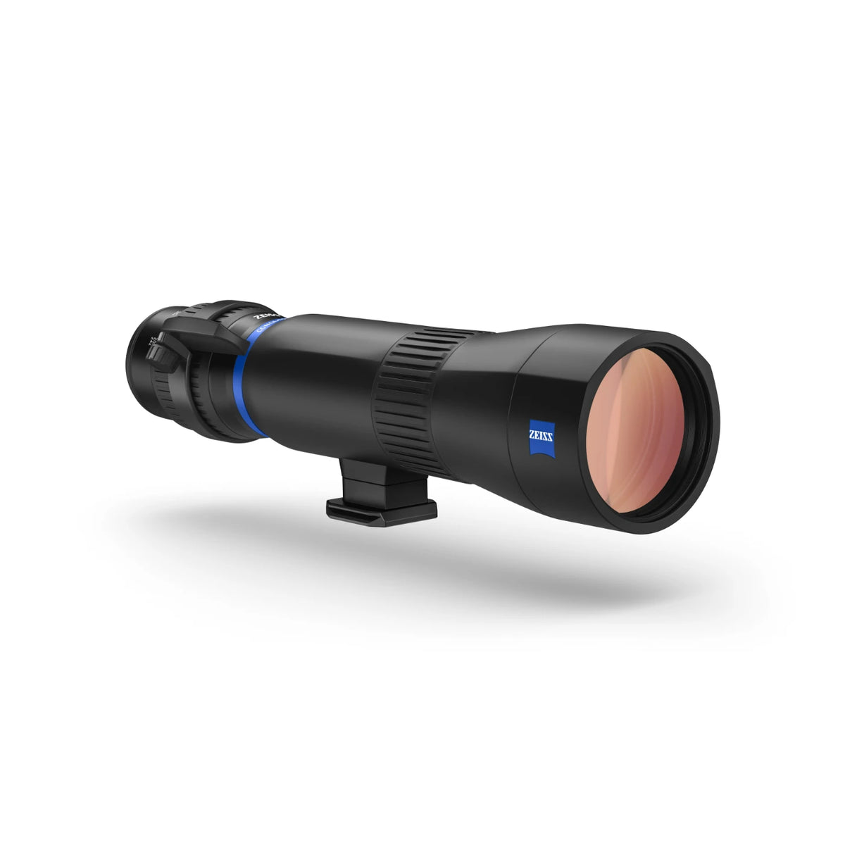 A Zeiss spotting scope with a black body, blue accent ring shown on a clean white background with a soft shadow.