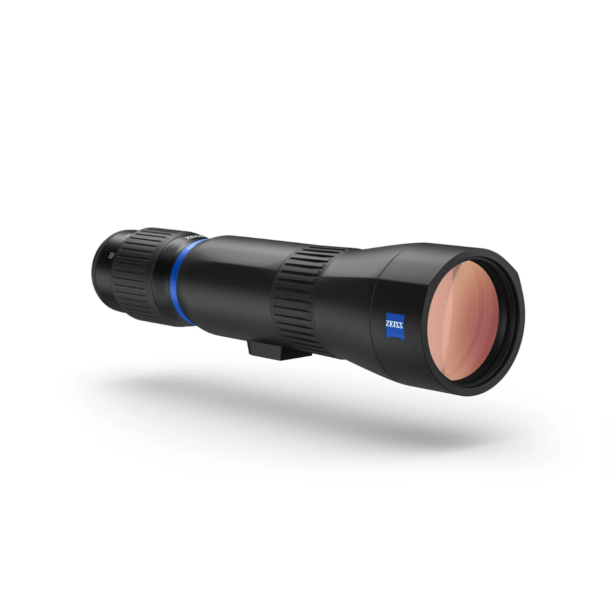 A black Zeiss spotting scope floating at an angle on a white background with a soft shadow underneath.