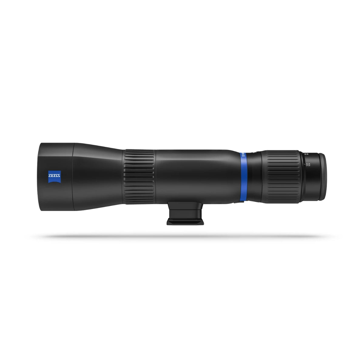 A Zeiss spotting scope shown in profile against a solid white background, featuring a matte black finish with a distinctive blue accent ring and the blue Zeiss logo on the eyepiece end.