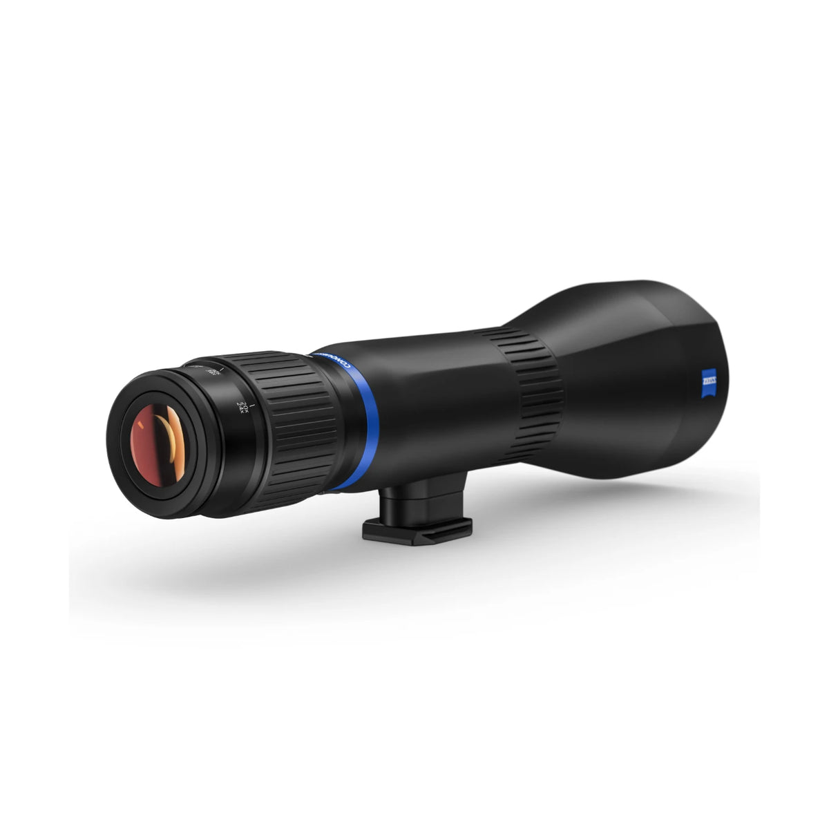 A Zeiss spotting scope with a black body, blue accent ring shown on a clean white background.