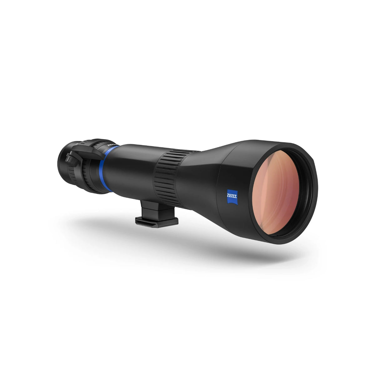 A Zeiss spotting scope with a black body, blue accent ring, and a pinkish-orange lens, shown on a clean white background with a soft shadow.