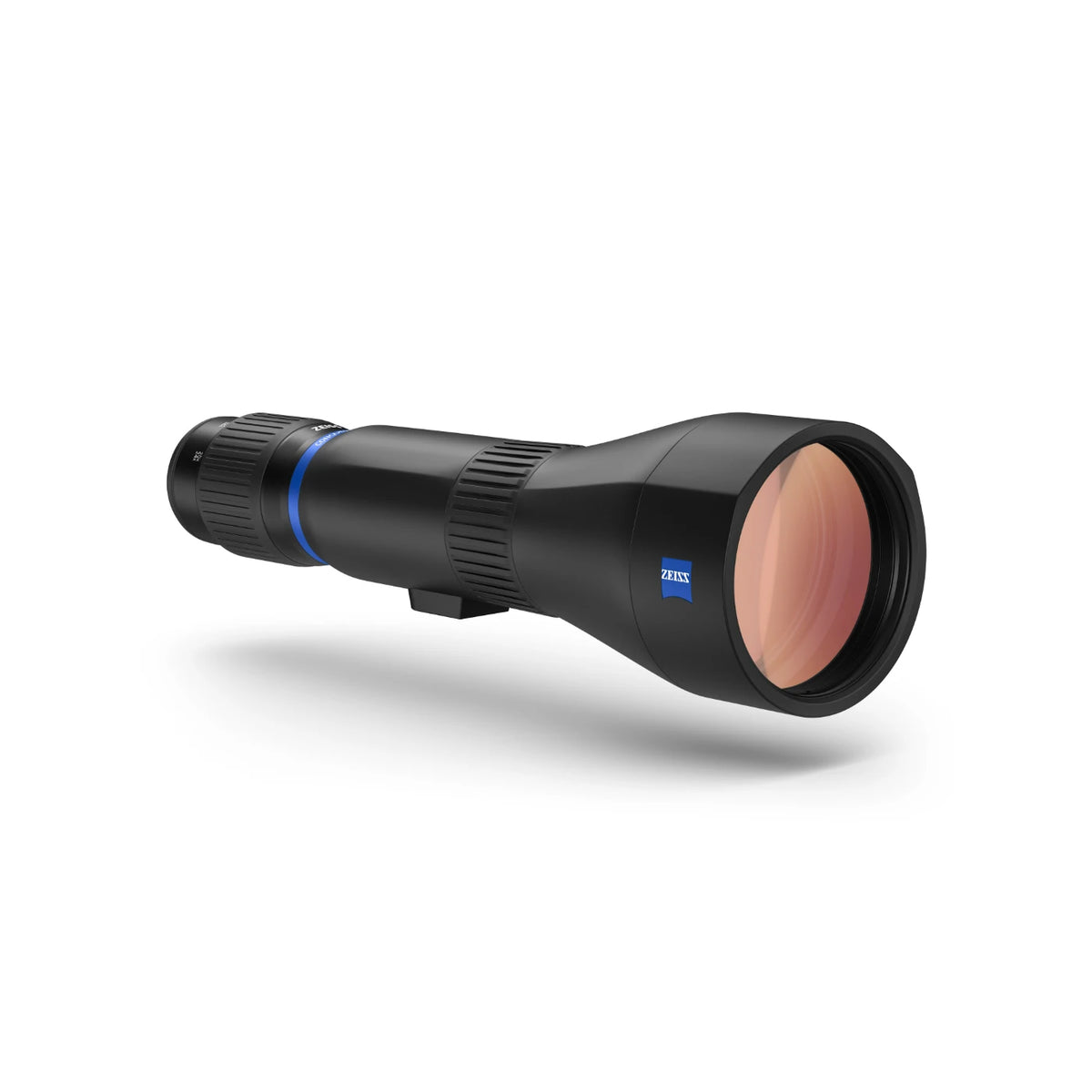 A Zeiss spotting scope shown at a three-quarter angle on a clean white background. The device is primarily matte black with a distinctive blue ring accent near the eyepiece and a blue Zeiss logo badge on the objective lens housing.