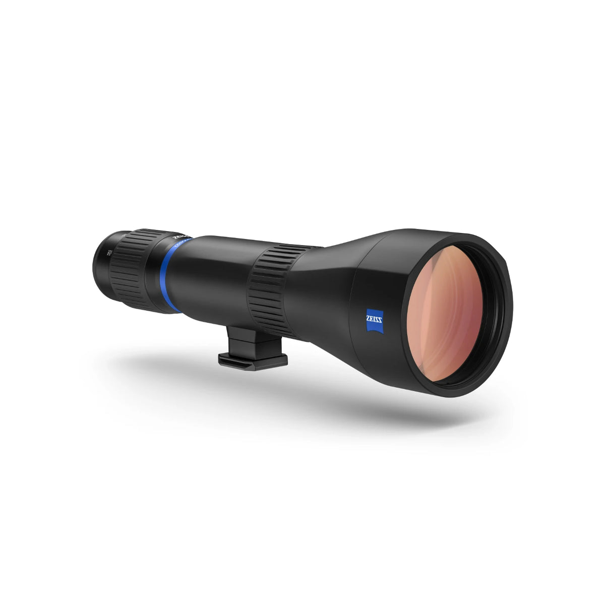 A Zeiss Apia spotting scope with a black body, blue accent ring shown on a clean white background with a soft shadow.