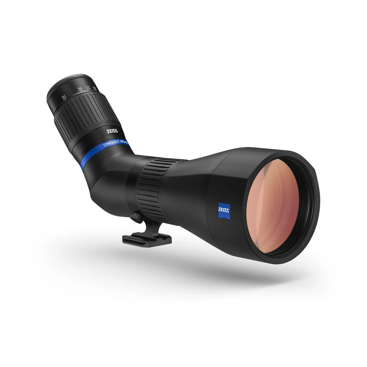 Zeiss Conquest Apia spotting scope shown at an angle on a clean white background, featuring a black body with a blue brand band and a copper-tinted objective lens.