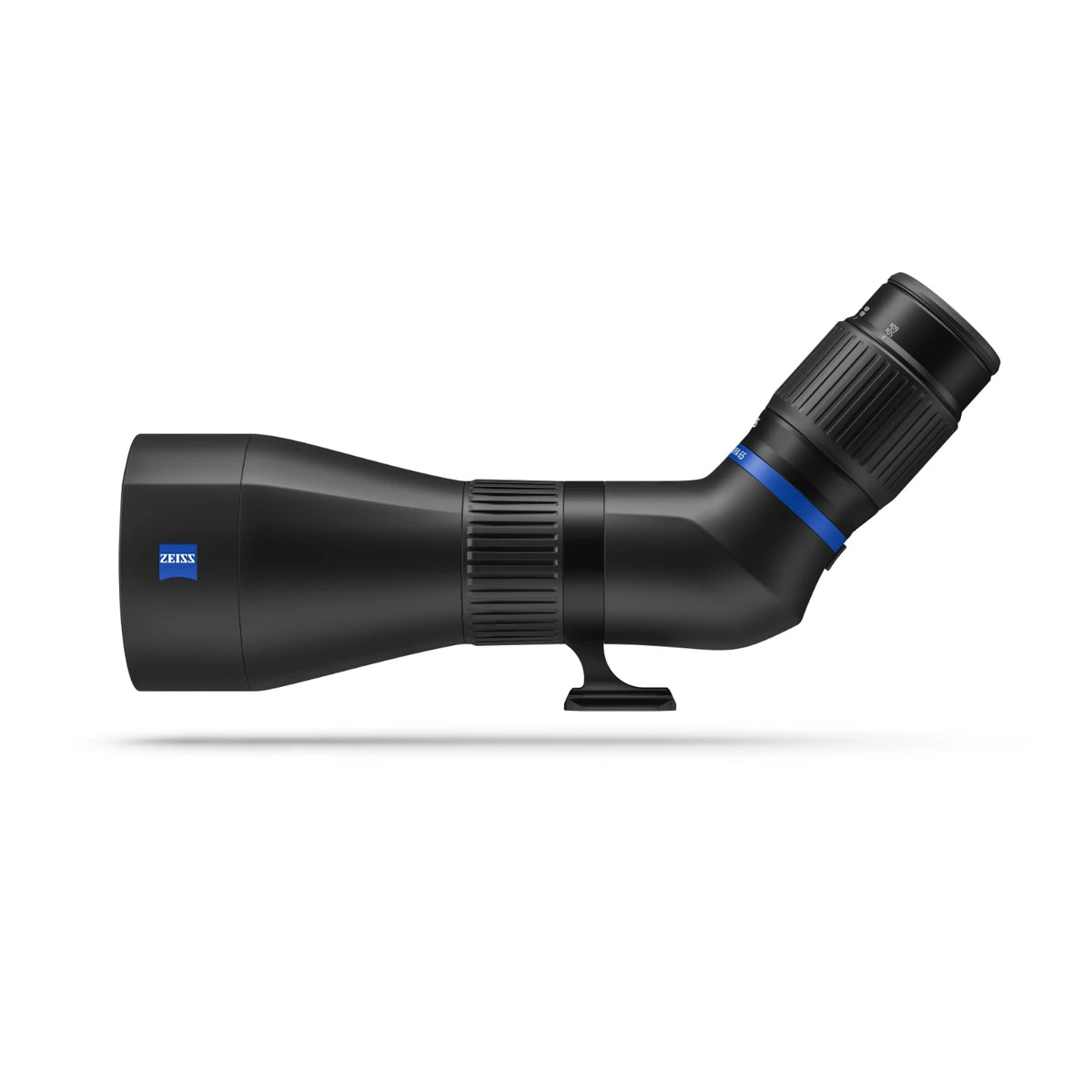 A Zeiss spotting scope shown in profile against a clean white background. The device is primarily matte black with a distinctive blue ring accent near the eyepiece and a blue Zeiss logo badge on the objective lens housing.