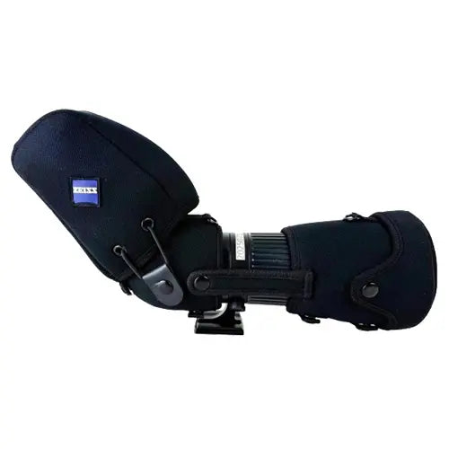 Black binoculars with a carrying case on a white background