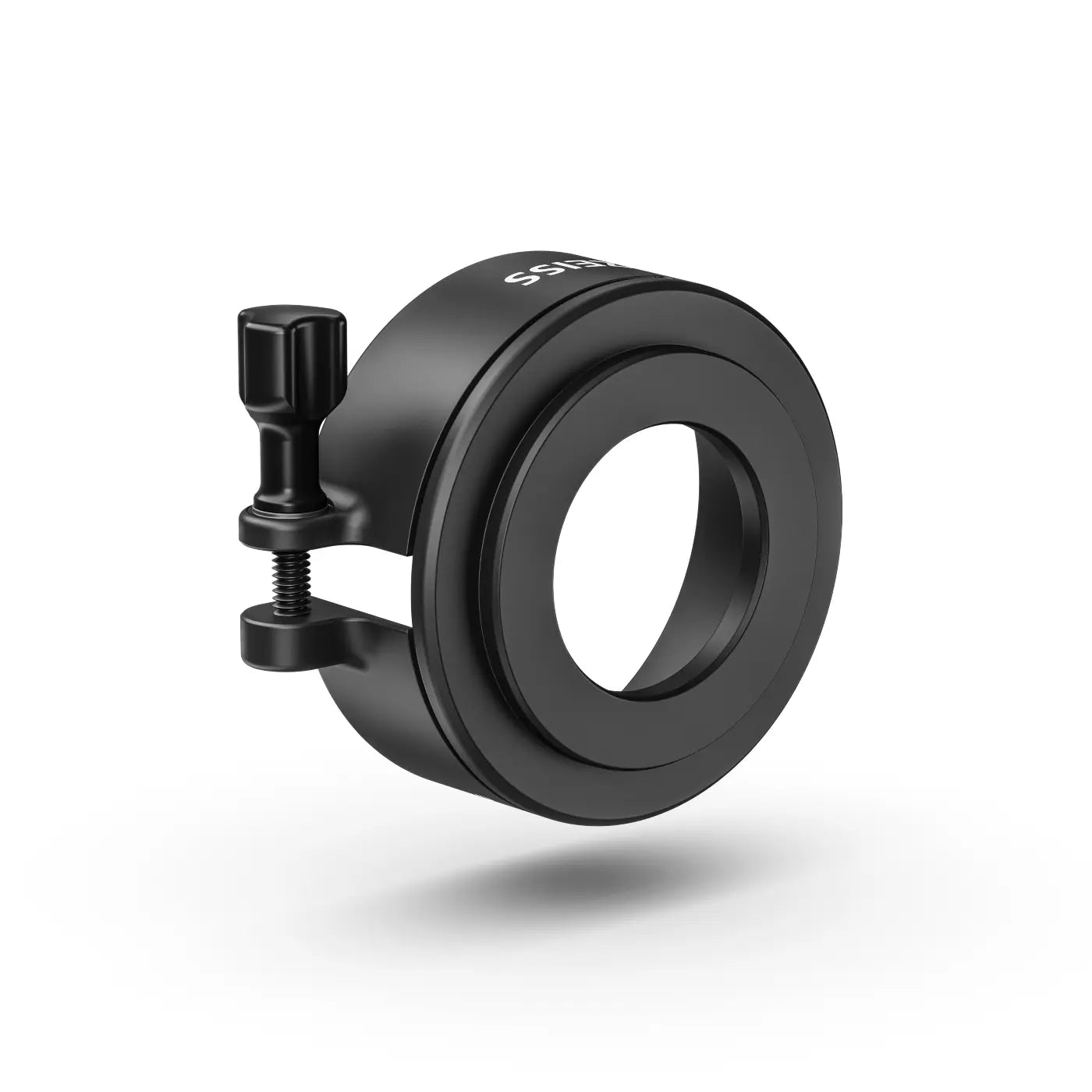 Black camera lens adapter on a white background