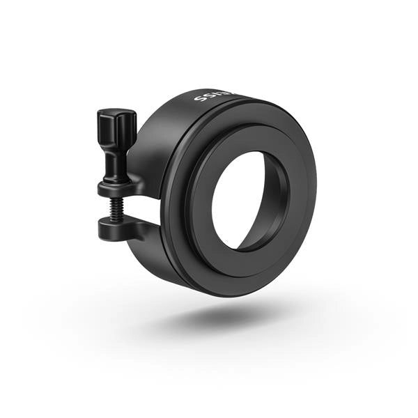 Black camera lens adapter with a screw on a white background