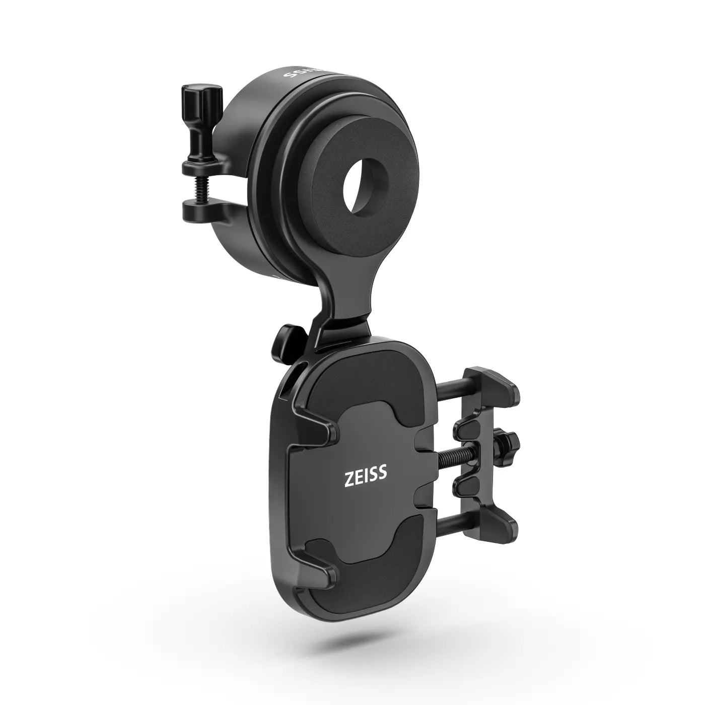 Black phone mount with Zeiss logo on a white background