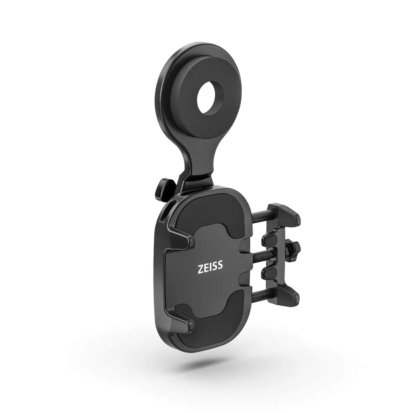 Black phone mount with Zeiss logo on a white background