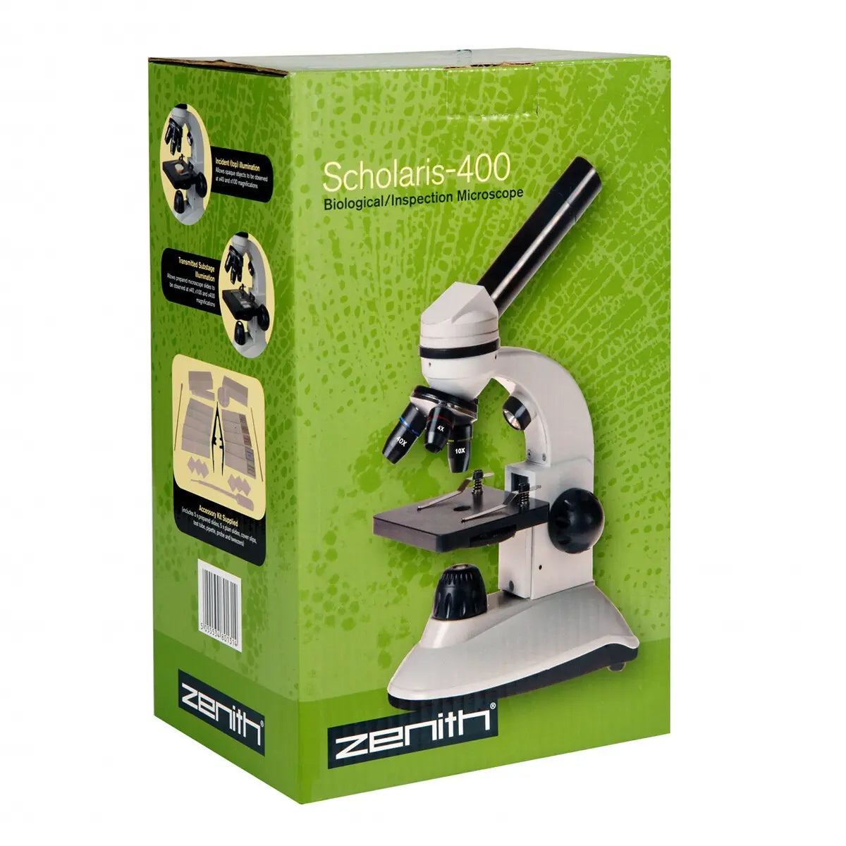 Box of a Zenith Scholaris-400 biological inspection microscope on a green background