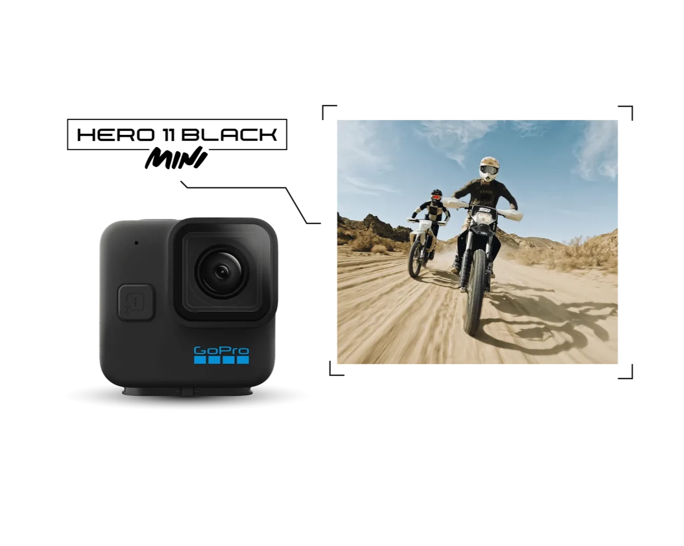 Product photo of the GoPro 11 Black Mini with dirt bikes in the background