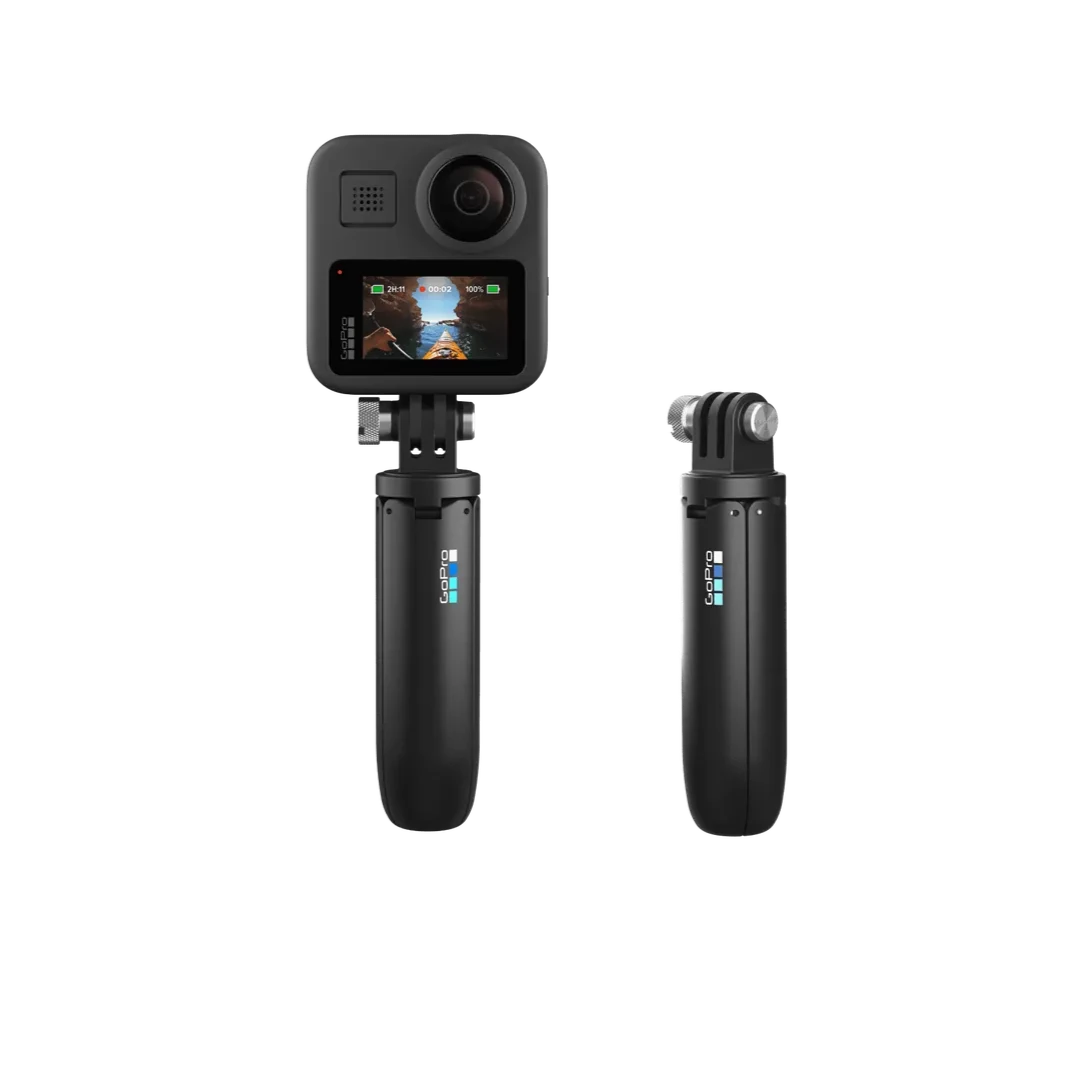 Product photo of the GoPro shorty with and without the camera attached in a closed position
