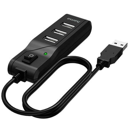 Hama External 4-Port USB 2.0 Hub, USB Powered, On/Off Switch, Black