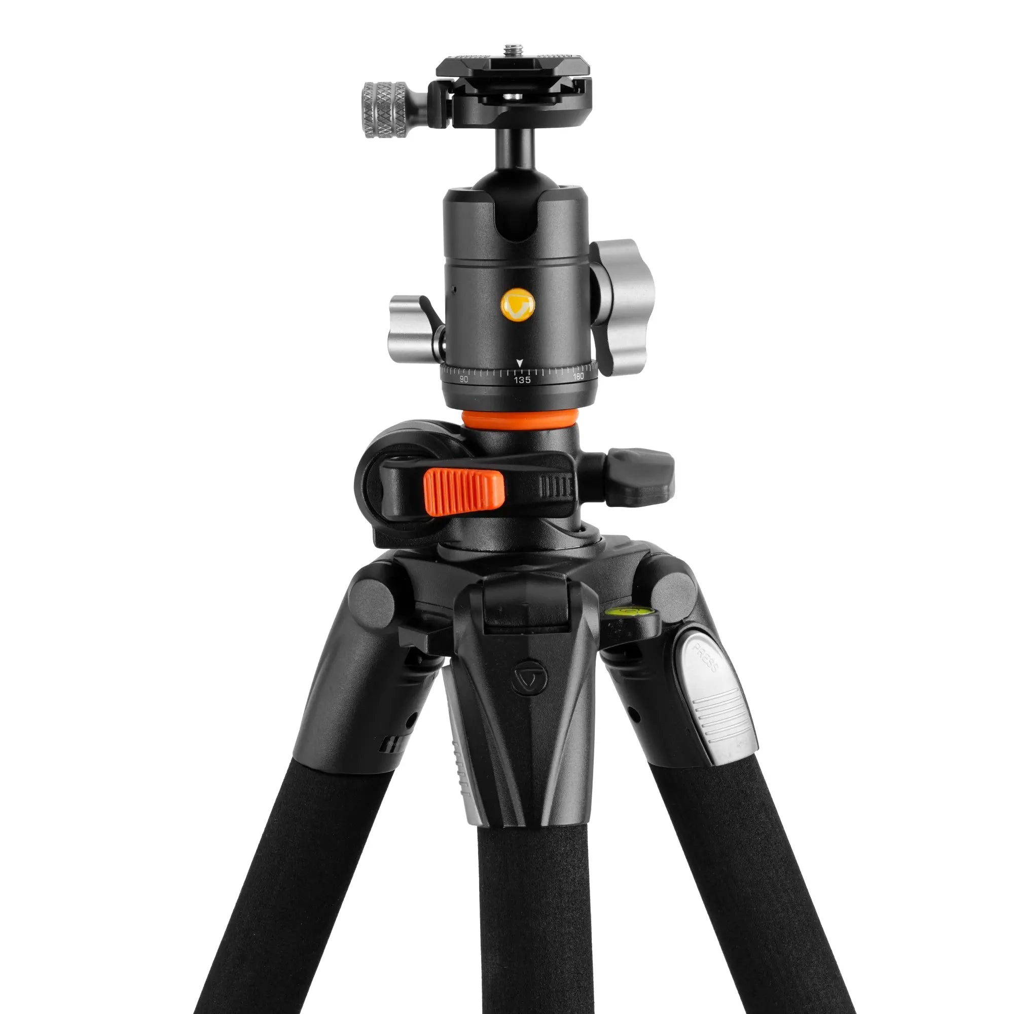 Black tripod with ball head on a white background