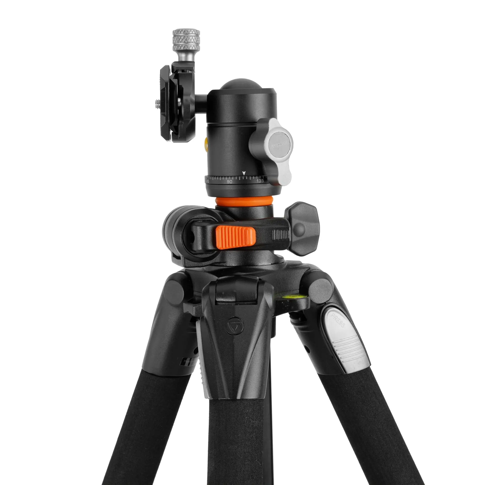 Black tripod with a ball head on a white background