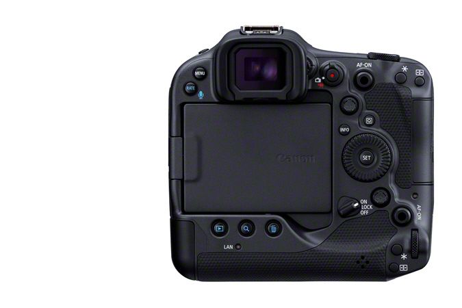 Canon EOS R3 Mirrorless Camera - Product Photo 7 - Rear view of the camera with the display closed and the viewfinder and controls all visible