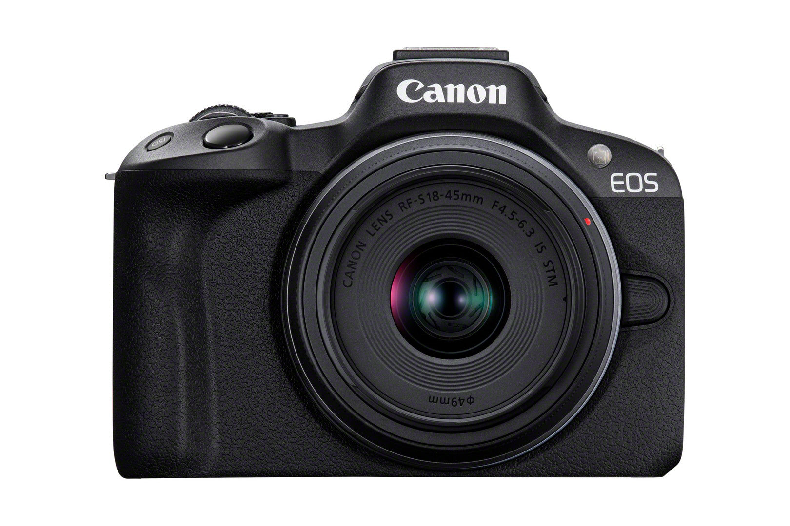 Canon EOS R50 Camera with RF-S 18-45mm & RF-S 55-210mm F5-7.1 IS STM Twin Lens Kit - Product Photo 1 - Front view of the camera body with lens attached