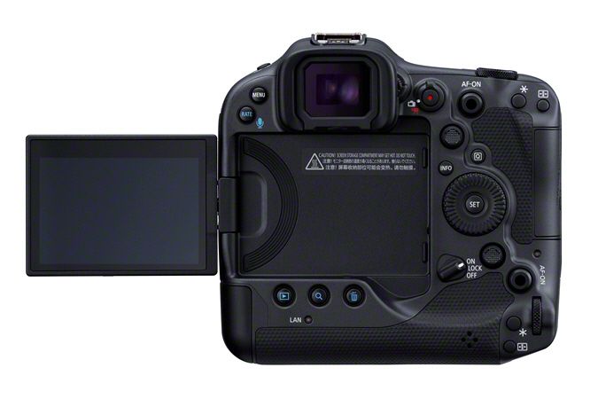Canon EOS R3 Mirrorless Camera - Product Photo 6 - rear view perspective of the camera with the screen fully extended and viewfinder, controls  and screen all vicible