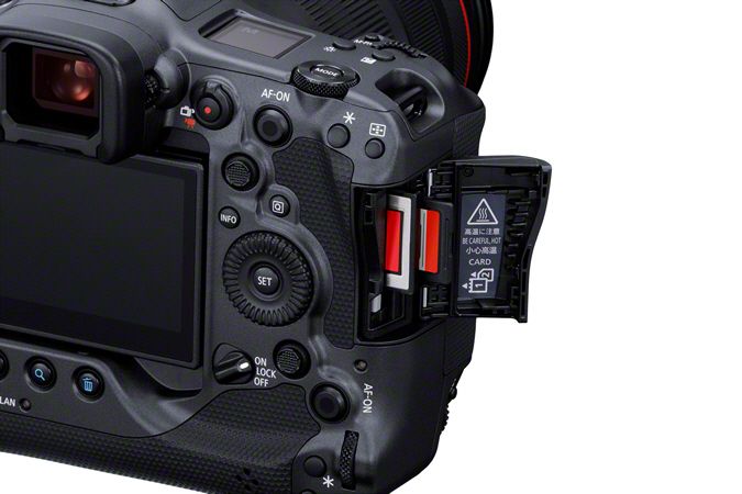 Canon EOS R3 Mirrorless Camera - Product Photo 8 - Close up of the screen, viewfinder, SD card ports and controls